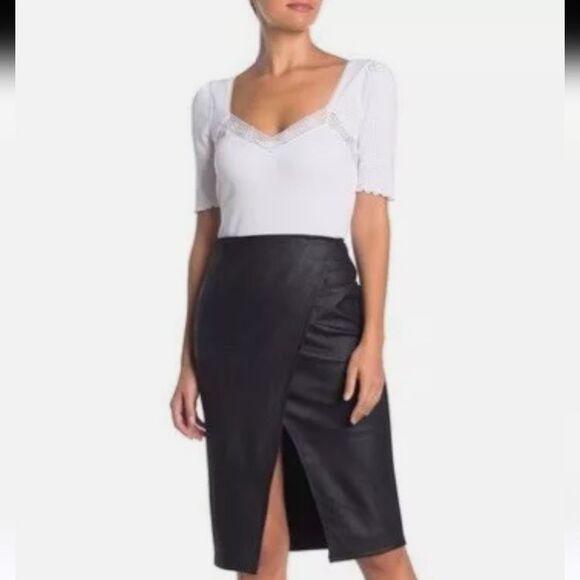 Free People Whitney Black Faux Leather Front Slit Midi Skirt Size M - Picture 1 of 10